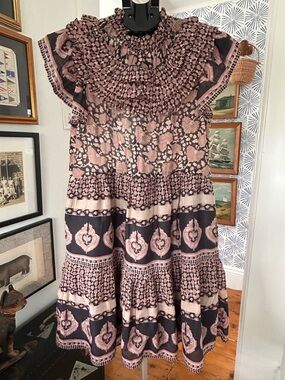 Sea New York Boho Printed Ruffled Smock Tiered Mini Dress in Dusty Rose & Black